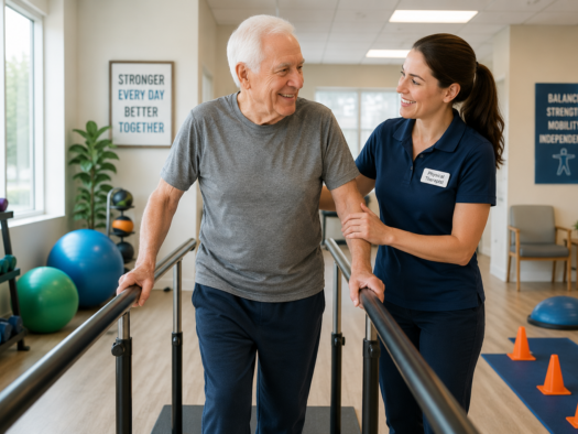 An elderly resident working with a therapist in a community gym, showcasing the benefits of assisted living with physical therapy on site.