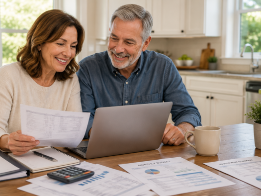 A family planning how to pay for assisted living by reviewing retirement assets and financial documents at home.