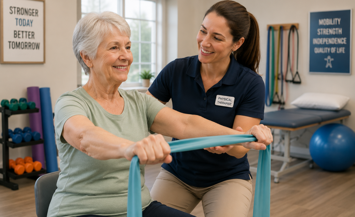 A physical therapist smiling while guiding a senior woman through light resistance band exercises Elderly woman performing resistance band exercise with physical therapist's guidance.