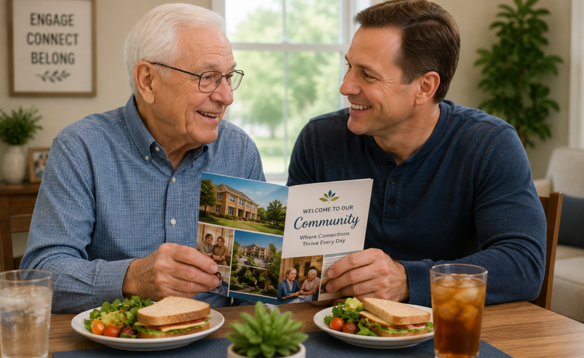 An adult son talking to parents about assisted living options in a supportive and relaxed environment to plan a senior living transition.
