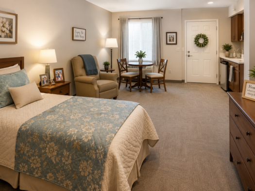 Cozy and safely organized assisted living apartment bedroom featuring family photos and tidy decor, representing an assisted living packing checklist.