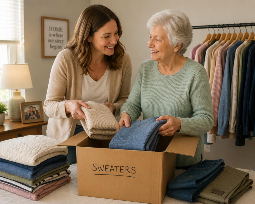 A younger and older woman packing sweaters into a box.