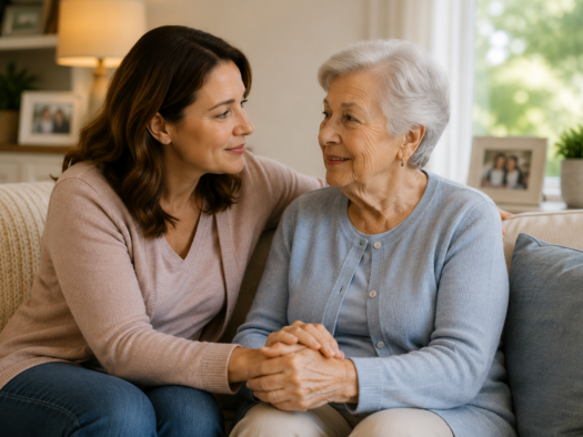 An adult daughter holding her mother's hand while discussing signs your elderly parent needs assisted living during a calm conversation.