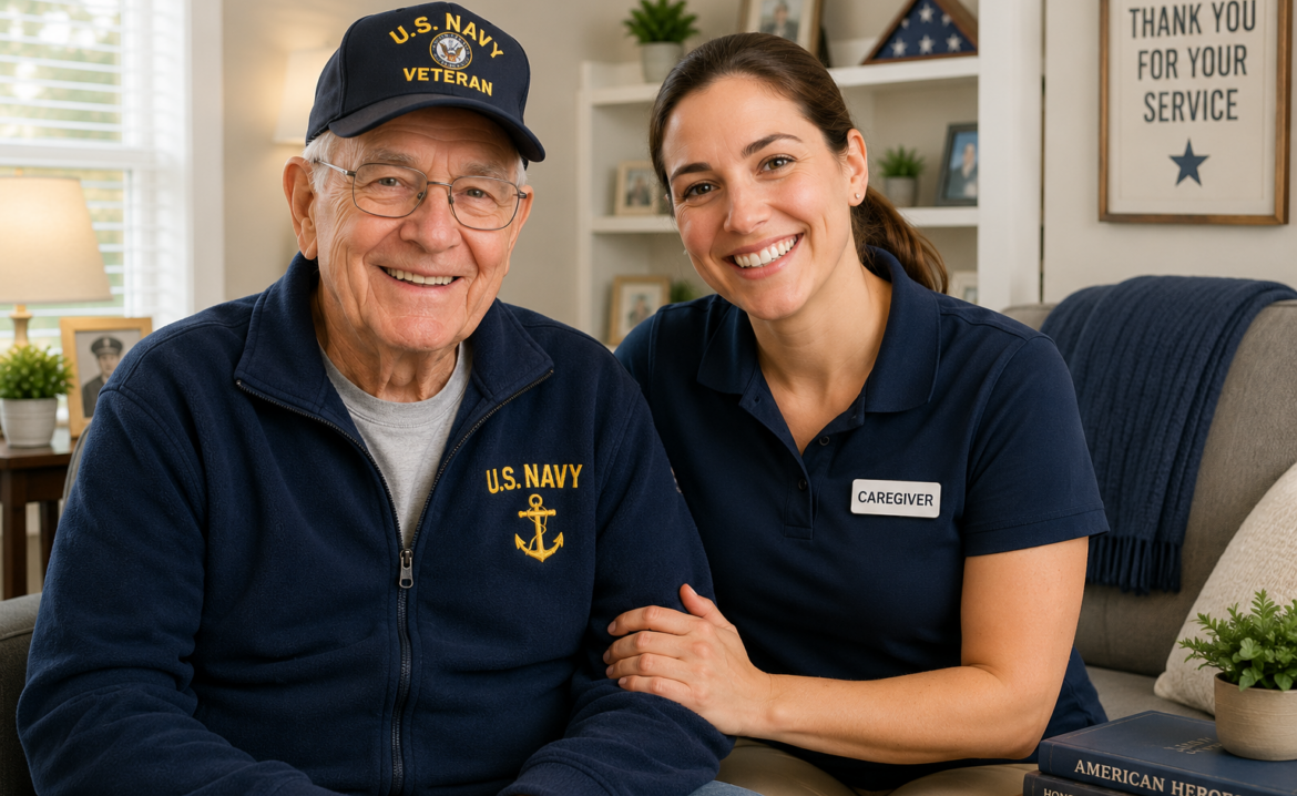 An elderly veteransmiling warmly alongside a supportive family caregiver. An elderly veteran learning about the VA Aid and Attendance benefit to cover assisted living monthly fees.