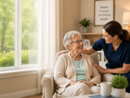 An elderly woman sitting comfortably in a cozy living room with a caregiver gently assisting her, highlighting supportive and personalized care in a warm, home-like environment.