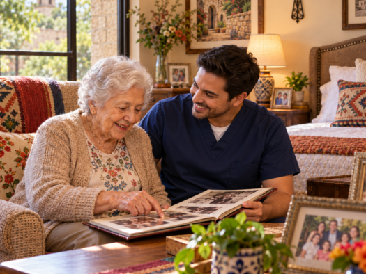 Male caregiver in navy scrubs looking through a family photo album with a smiling senior woman in a familiar, cozy memory care room in San Antonio, promoting emotional comfort, aging in place, and reducing relocation stress.