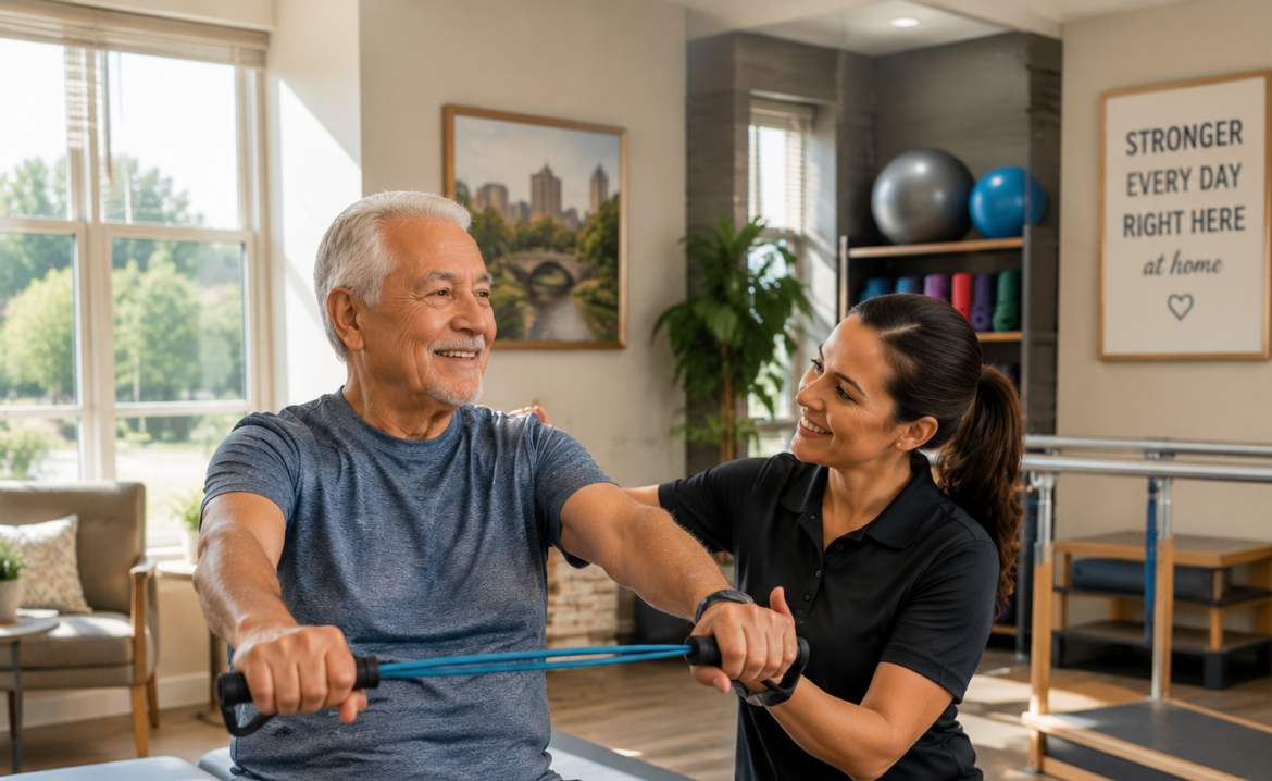 Senior man performing a resistance band exercise with a therapist in a bright, modern rehab room, highlighting strength, safety, and on-site physical therapy in a welcoming environment.