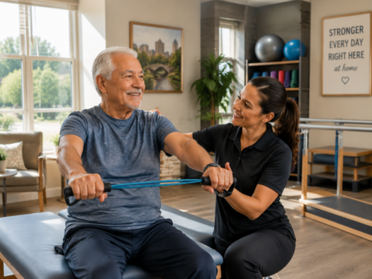 Senior man performing a resistance band exercise with a therapist in a bright, modern rehab room, highlighting strength, safety, and on-site physical therapy in a welcoming environment.