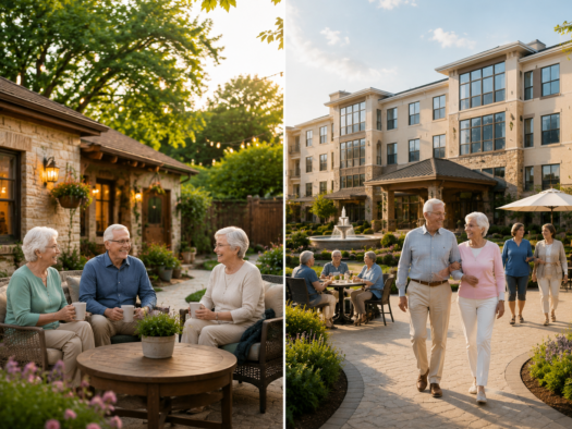 Comparison of residential care homes in San Antonio, TX, showing a cozy micro-community on the left with elderly residents enjoying a quiet outdoor space, and a larger senior living facility on the right with seniors socializing in a spacious, amenity-rich courtyard.