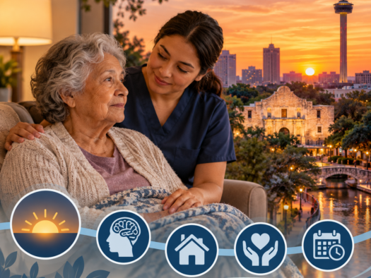 Caregiver comforting a senior woman with dementia at sunset in San Antonio, Texas, illustrating compassionate sundowning management and dementia care.