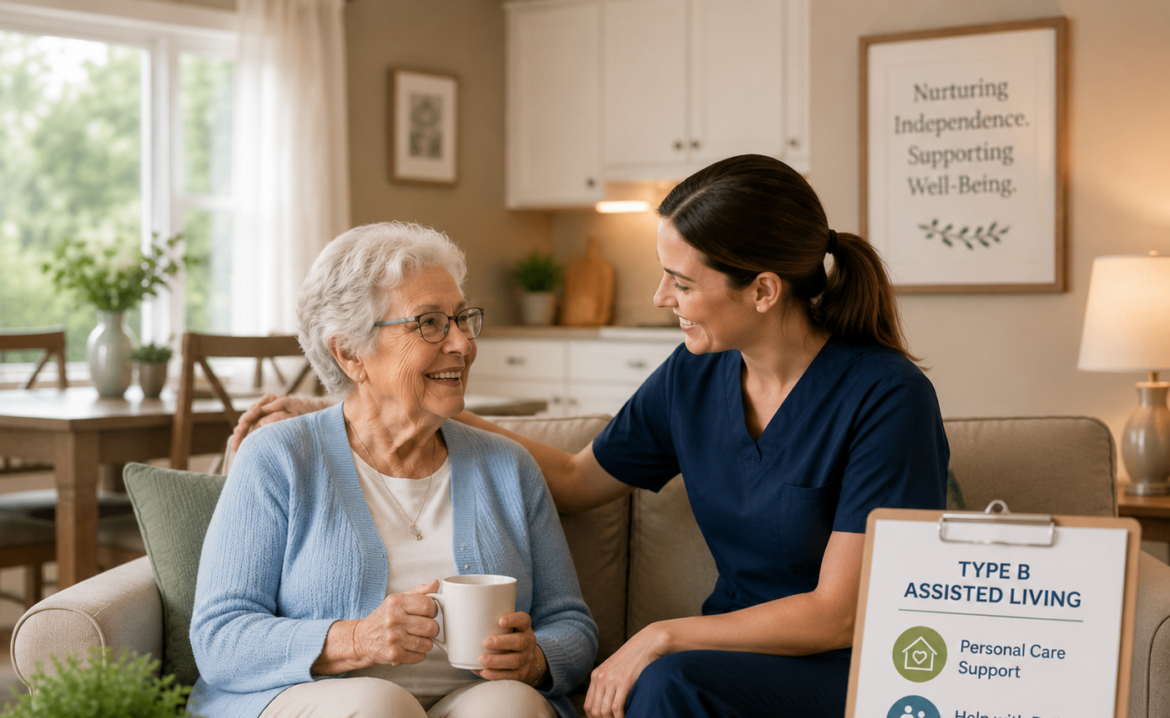 Elderly woman sitting comfortably in a cozy living room, holding a cup, while a caregiver provides gentle assistance. A clipboard nearby highlights Type B Assisted Living services, emphasizing personal care, daily activity support, and independence.