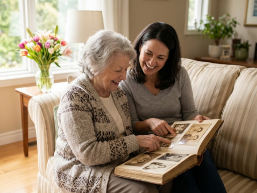 An adult daughter and her elderly mother smiling while looking at a photo album together, highlighting engaging activities for adult children and senior parents