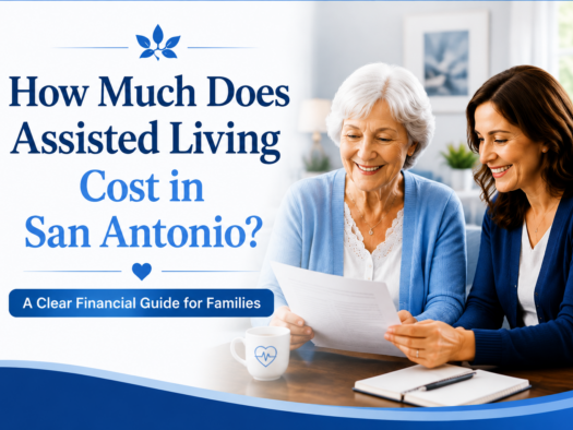 Blue and white banner showing an older woman and family member reviewing assisted living costs, with the title “How Much Does Assisted Living Cost in San Antonio?” and a clear financial guide message for families.