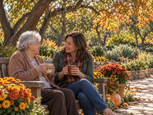 An elderly senior enjoying autumn outdoor activities for seniors in San Antonio alongside family in a sunlit courtyard