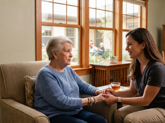 A heartwarming photograph of an elderly woman with white hair, wearing a blue sweater and jeans, sitting in a beige armchair. A younger woman caregiver, wearing grey scrubs, is kneeling beside her, gently holding her hands with both of hers, and making compassionate eye contact. They are both smiling warmly. The setting is a cozy, well-lit residential common area with large, wood-framed windows looking out to a garden courtyard where other residents can be seen. A small table with a teacup and a bookshelf with books are in the background. A framed picture on the bookshelf reads 