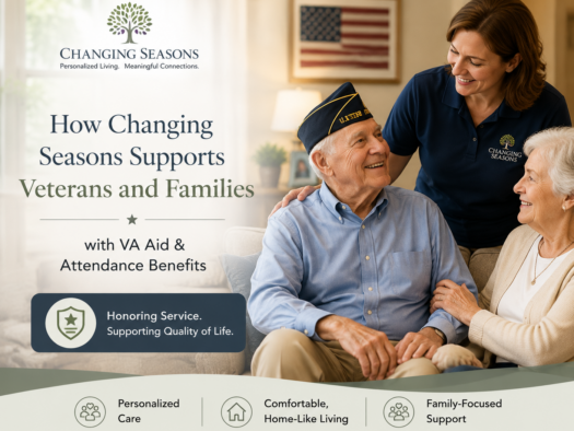 A senior veteran and his family receiving compassionate support from a caregiver in a warm senior living environment, representing assistance with VA Aid and Attendance benefits and personalized care for veterans and their loved ones.