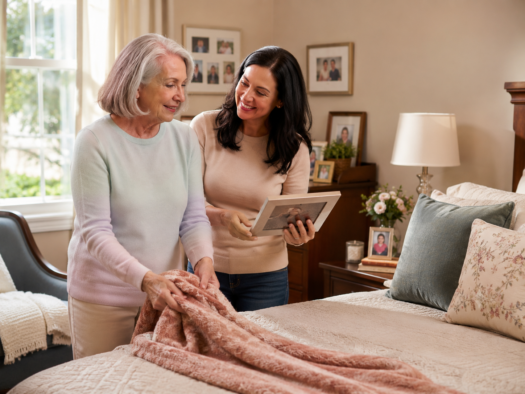 An elderly woman smiling while her adult daughter helps set up her familiar bedroom, visualizing how to transition an aging parent into assisted living smoothly.
