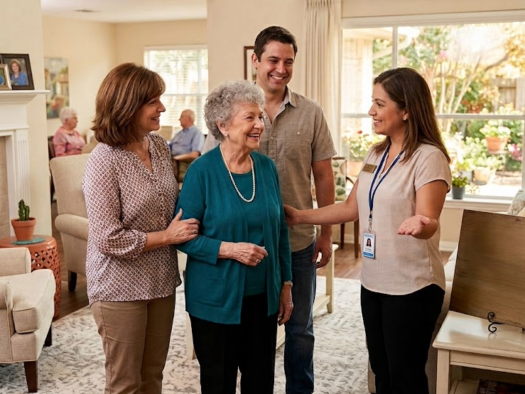 Smiling senior and family touring a cosy assisted living home with a staff member, welcoming them in a bright, comfortable living room.