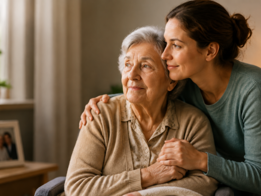 A caring moment between an elderly mother and her adult daughter representing the transition to memory care, support, and compassionate dementia care for families recognizing the signs their loved one may need a safer, specialized environment.