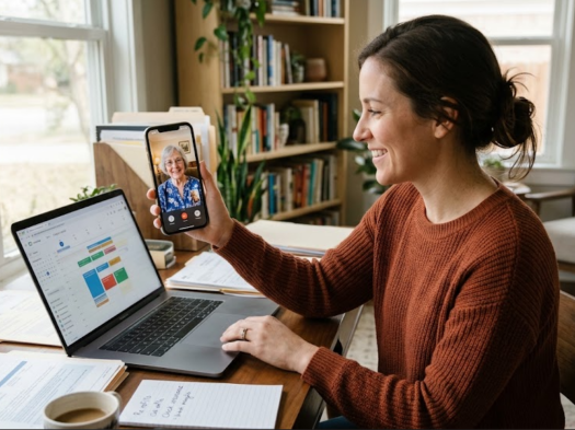 An adult daughter using a laptop and smartphone to learn how to support aging parents remotely